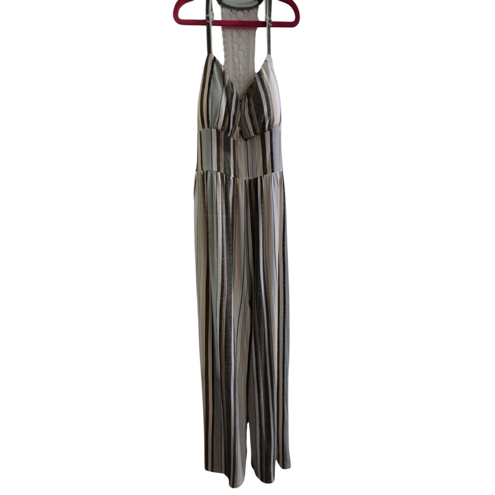 EUC Derek Heart Green Tan Super Soft Striped Halter Jumpsuit With Lace Medium - Picture 2 of 5